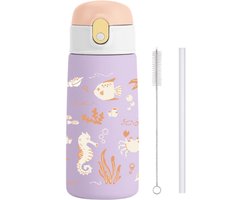 Pure Luv RVS Drinkfles met rietje - Oceansip - Drinkbeker - Paars - 500ml - Roestvrijstaal - Voor Kinderen - Inclusief Schoonmaakborstel - Kind- Peuter - BPA vrij - Peuterfles - Schoolfles - Schoolreisje - Vakantiefles
