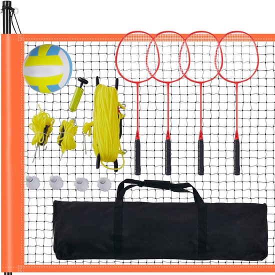 Net met oranje rand, met volleybal, pomp, spankoord, vier rode rackets, shuttles en zwarte draagtas.