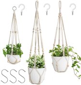 3 Stuks Luxe Macrame Plantenhangers - Boho Handgeweven Katoen Hangpot voor Binnen/Buiten - Hangende Bloempot met Kralen - Macramé Touw/Koord Hangplant Houder - Bohemian Wandhanger Decoratie - Plant Hanger - Verticale Tuin Bloempothouder Planthanger