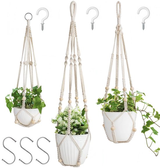 3 Stuks Luxe Macrame Plantenhangers - Boho Handgeweven Katoen Hangpot voor Binnen/Buiten - Hangende Bloempot met Kralen - Macramé Touw/Koord Hangplant Houder - Bohemian Wandhanger Decoratie - Plant Hanger - Verticale Tuin Bloempothouder Planthanger