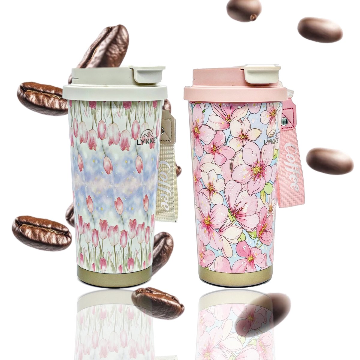 LYKKE® 2x MultiSip Thermos Beker 3 Laagse geïsoleerde RVS koffiebeker to go, herbruikbare ijskoffiebeker, warme koffiebeker/Thee,Coffee to go beker BPA-vrij, 17 oz, 0,5 L, Roze (Hot Pink-Latte)