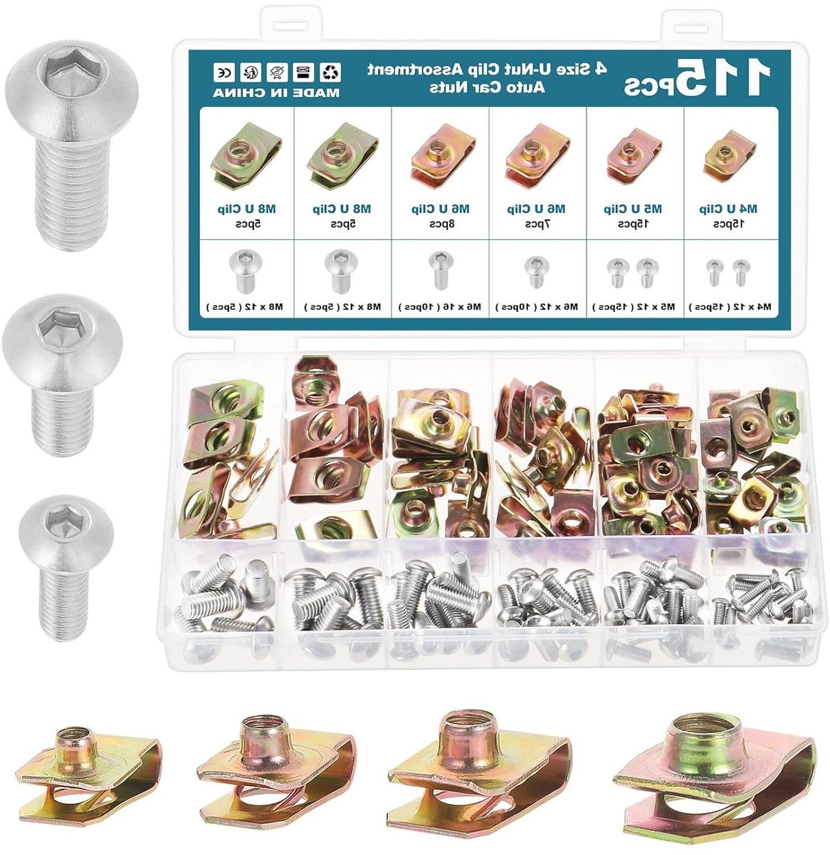 115 stuks schroefdraad cip moeren M4 M5 M6 M8 U-type bevestigingsclips carrosserieschroeven klikmoeren spatbordclip voor auto - set van 115