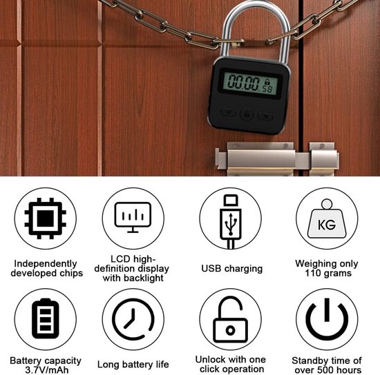 ZOYDP Digitaal tijdslot, Smart Lock met touw, metalen display, intelligent, oplaadbaar USB-veiligheidshangslot om slechte gewoonten te voorkomen