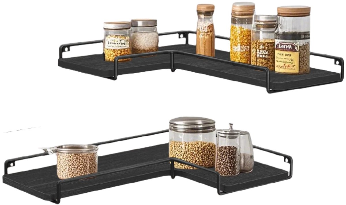 L -vormige hoekplank - 2 Set wandplank - Display planken - Maxgewicht 5kg - 40 cm x 29 cm x 14 cm - Zwart houten spaanbord, staal