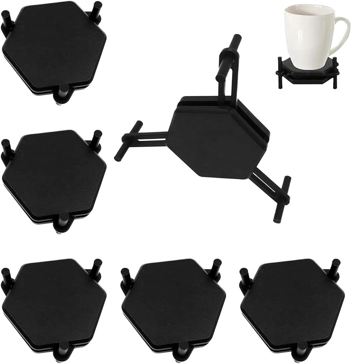 Allecto Plus - Koffiekop-organizer voor 6 kopjes - Zwart - Ruimtebesparend design - Kunststof bekers rek - Zeshoekige onderzetter