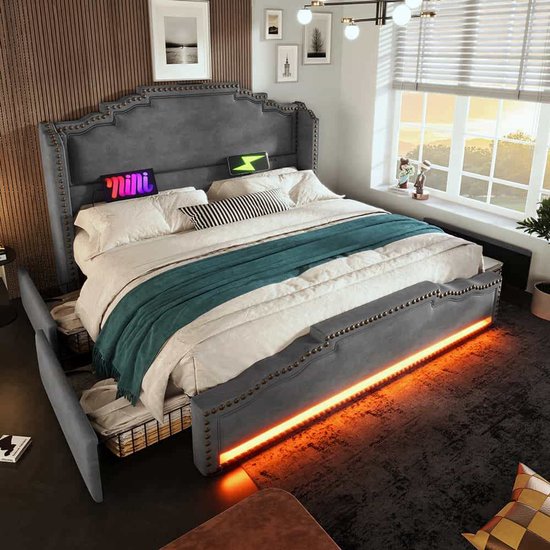 Gestoffeerd bed 160 x 200 cm met 4 lades en hoofdeinde - USB en Type-C stopcontacten