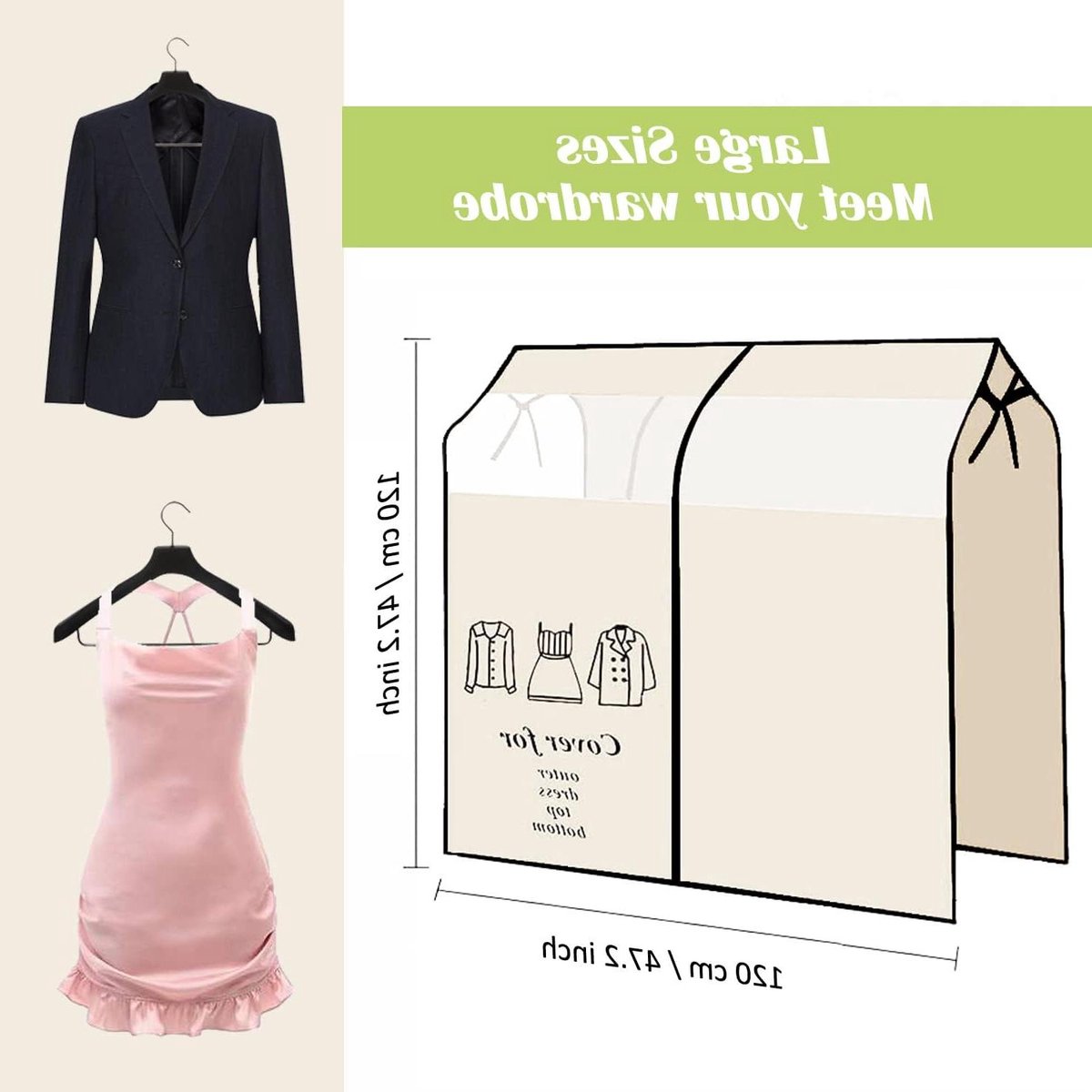 Allecto Plus - Kledinghoes met Stofbescherming en Ademende Beschermhoes 120 x 120 cm - Dikke Kledingzak voor Stof- en Vochtbescherming - Garderobehoes met Transparant Venster en Klittenbandsluiting (Beige)