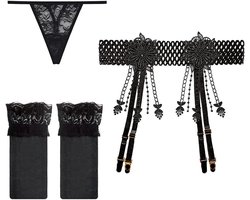 Allecto Plus - 3-delige lingerieset met kanten jarretellegordel, dijhoge kousen en G-string voor dames - Verleidelijk en comfortabel