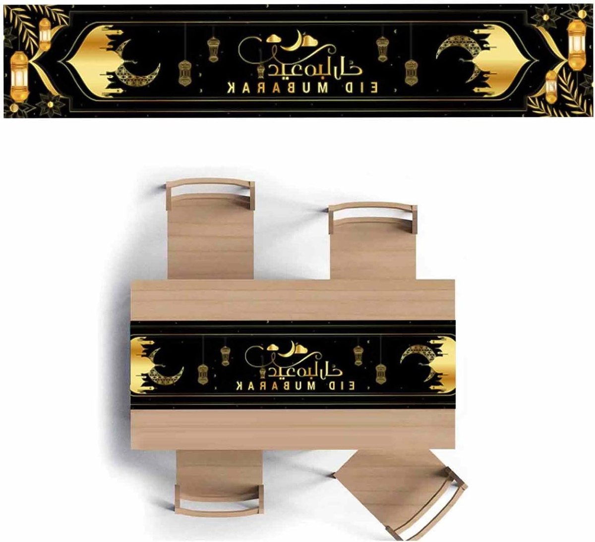Allecto Plus - Zwart en goud Eid Mubarak-tafeldecoratie - Islamitisch - Feestartikel x cm - Ramadan en Eid Mubarak-thema - Moslim feestdecoratie voor thuis in eetkamer.