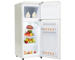 retrokoelkast, koel-vriescombinatie, 105,5 cm hoog, 41 cm breed, tweedeurig, met 92 liter totaal volume, 28 liter vriesvolume. Deurrek en glasrek. 116 kWh/jaar, -27掳C ~13掳C, LED-verlichting