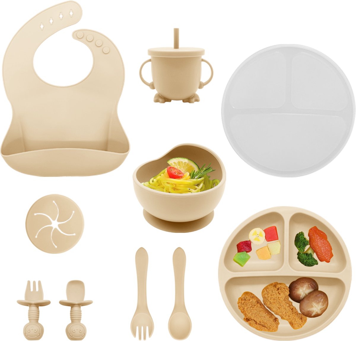 Image of 8-delig baby/kinder servies set siliconen - incl. bord en kommetje met zuignap en deksel, drinkbeker met rietje en deksel, slabbertje en twee sets baby/kinderbestek. - oven en vaatwasser bestendig - BPA vrij - beige