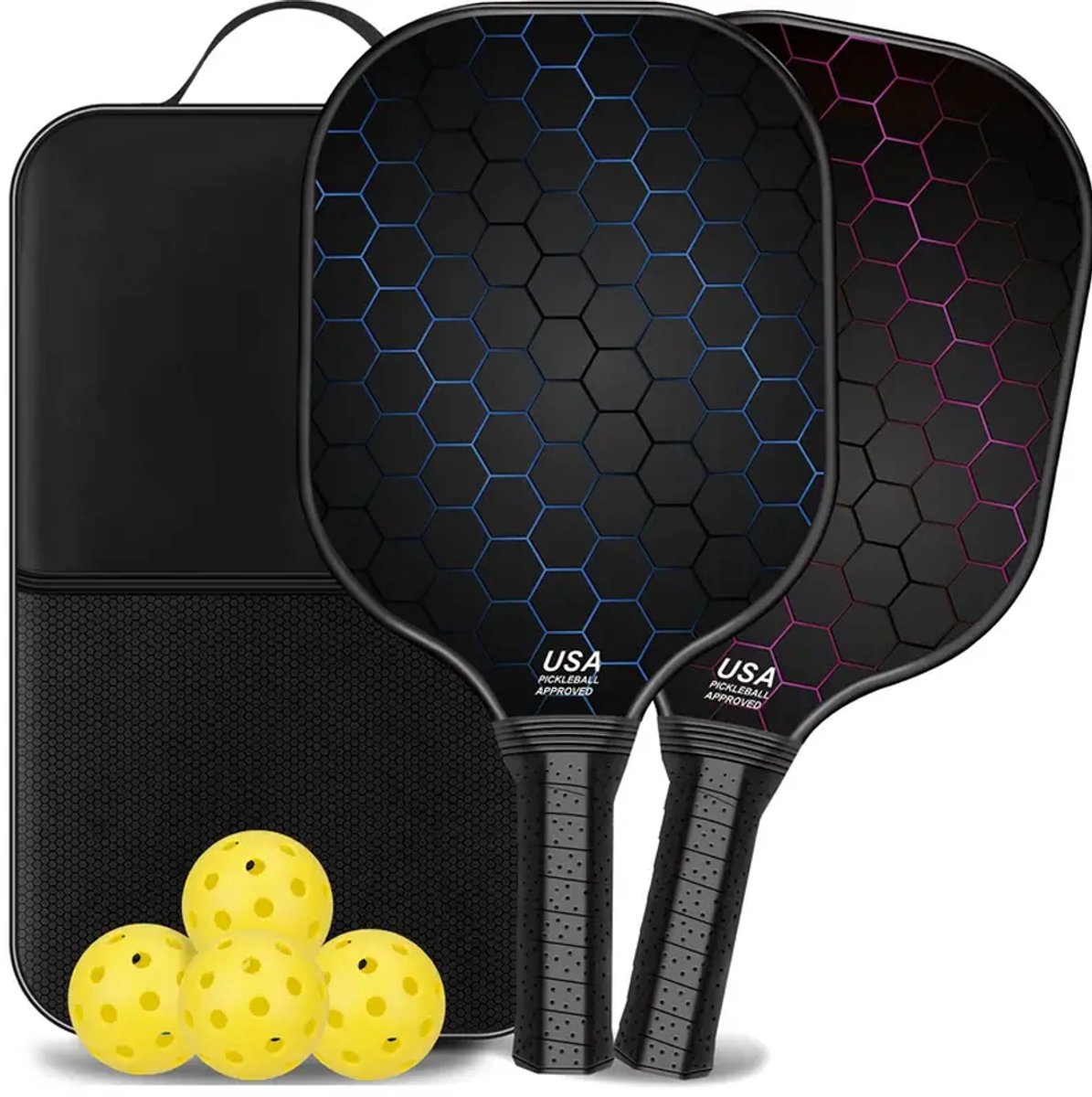 Pickleball Set – 2 USAPA-Goedgekeurde Carbon / Koolstofvezel Paddles + 4 Ballen – Lichtgewicht Indoor & Outdoor Rackets – Inclusief Luxe Draagtas & Hoes – Perfect voor Beginners & Gevorderden – Duurzaam, Hoogwaardige Controle & Spelplezier