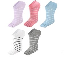 Teensokken - Women's - Teen Sokken - 5 Paar - Yoga Sokken - Katoen - Gladde Teennaad - Geen Vervelende Naden - Runner Teensokken - Toe Socks - Ademend - Comfortabele Sokken - streep - roze/paars/grijs/wit/blauw