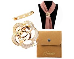 Dames 3-in-1 Broche & Sjaalspeld Bloem – Sjaal, Blouse, T-shirt of Jurk -Kristal, goudkleurig - Sjaal Klem - Kledingsieraden 40MM| Feest| Gala| Broche bloem voor Bruiloft en Kerst