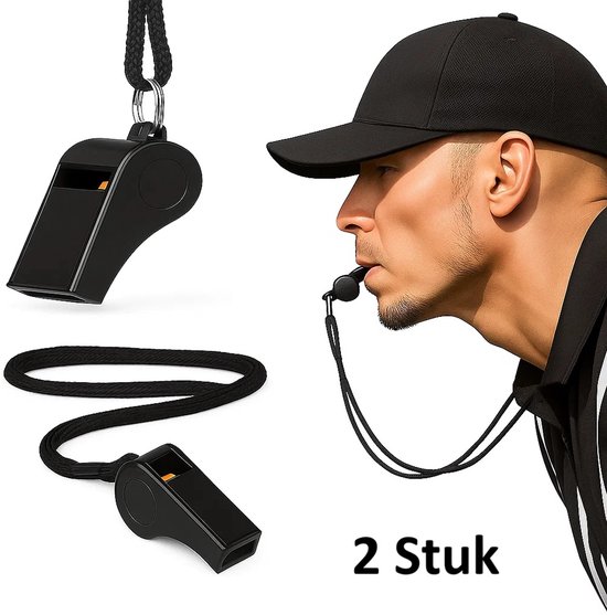 Sifflet d'arbitre avec cordon I Sifflet Plein air I Sifflet de Sport I Sifflet I Avec Ring I Plastique I Zwart