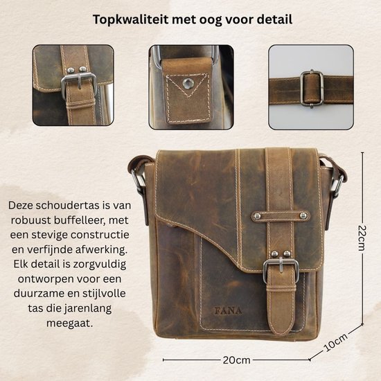 Bruine leren Fana schoudertas, 20x22x10cm, met gesp en witte stiksels.