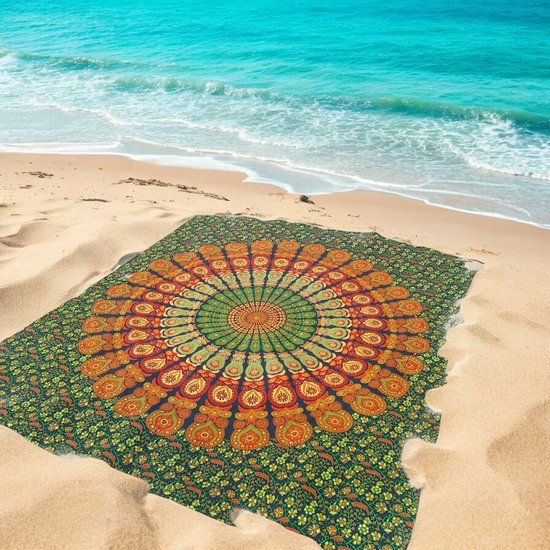 XL strandkleed - 100% duurzaam katoen - Extra groot strandlaken - 240 x 210 - Gerecycled Katoen - groot strandkleed - Groen/oranje/blauw - Mandala stranddoek