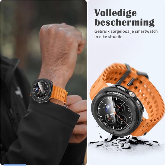 Zwarte smartwatch met oranje bandje, beschermd tegen vallen.