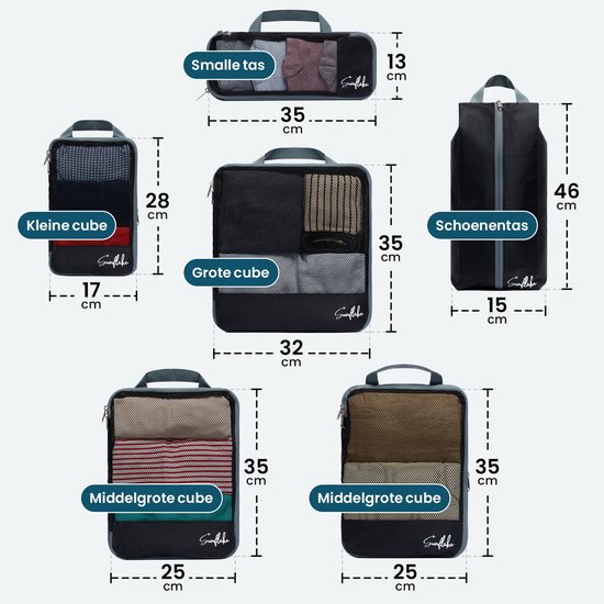 Cubes d'emballage Sunflake avec fermeture éclair de compression - 6 pièces - Mesh Zwart