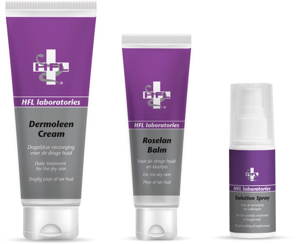 HFL - super combopack - huid- en nagelverzoring - dermoleen cream 125 ml + roselan balm 60 ml + solution spray 50 ml