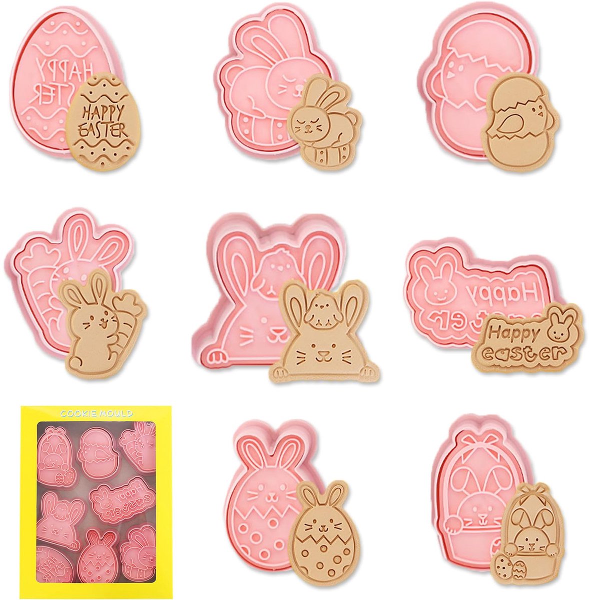 Paaskoekjesvormpjesset - 8 stuks paaskoekjesvormpjes, 3D paaskoekjesvormpjes, paashaasjesvormpjes voor kinderen, paaseitjesvormpjes, paaskoekjesvormpjes, paaskoekjesstempels voor het bakken van fondant
