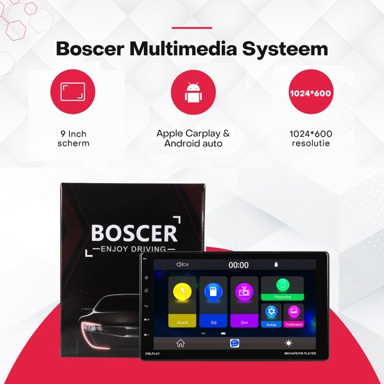 Boscer 1Din Autoradio - Apple Carplay & Android Auto - 9 inch HD verstelbaar scherm - USB, Aux, Bluetooth - Achteruitrijcamera & Microfoon