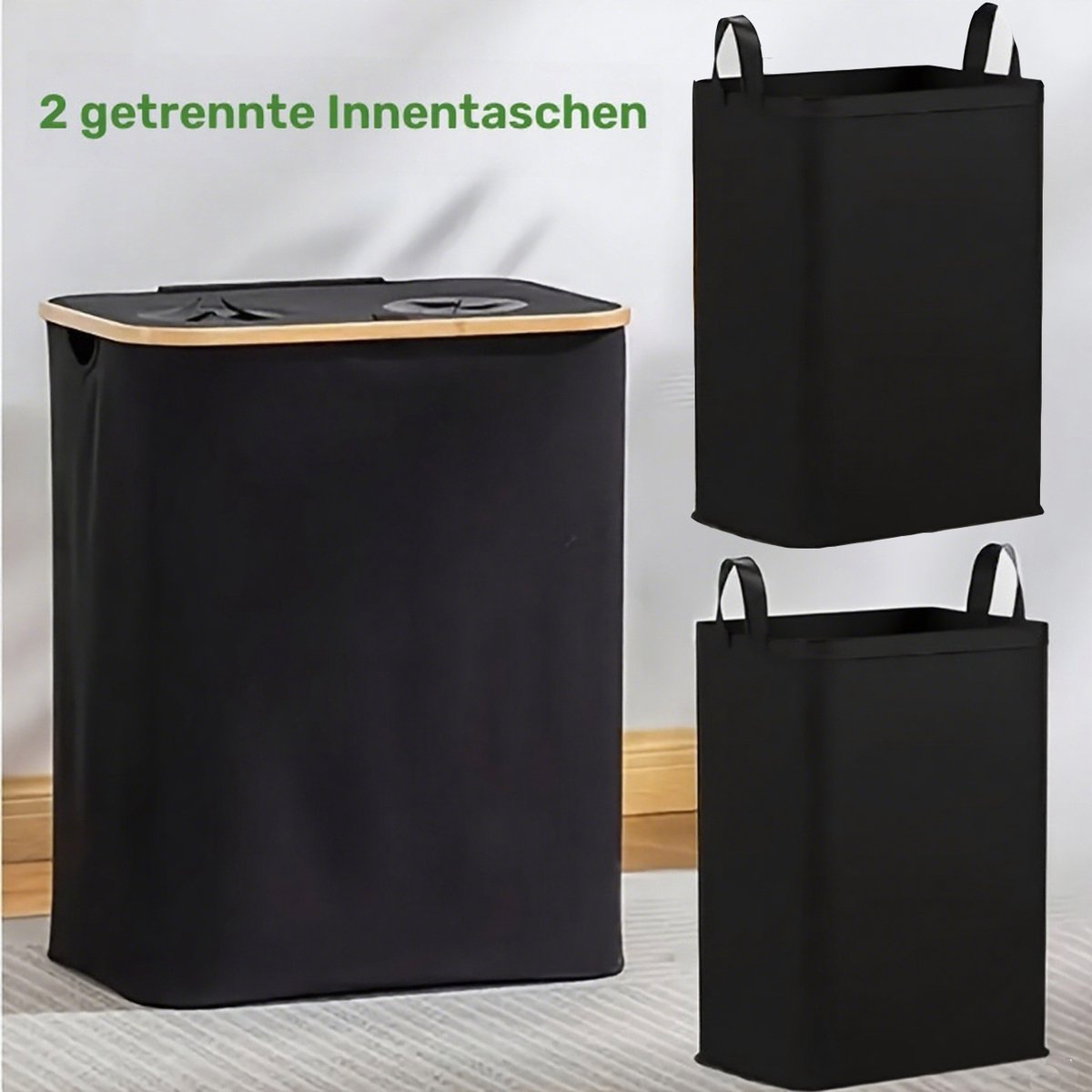 Wasmand met 2 uitneembare zakken- Wassorteerder - 140L - Met 2 gaten voor het sorteren van kleding - wasmand - Zwart
