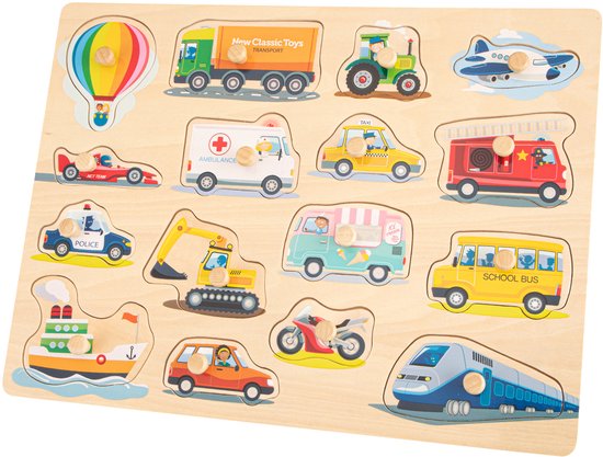 Woet® Houten Grote Knoppuzzel Voertuigen - 16 Puzzelstukjes - FSC - Houten Puzzel met Knopjes - Educatief Peuterspeelgoed - Vanaf 2 Jaar