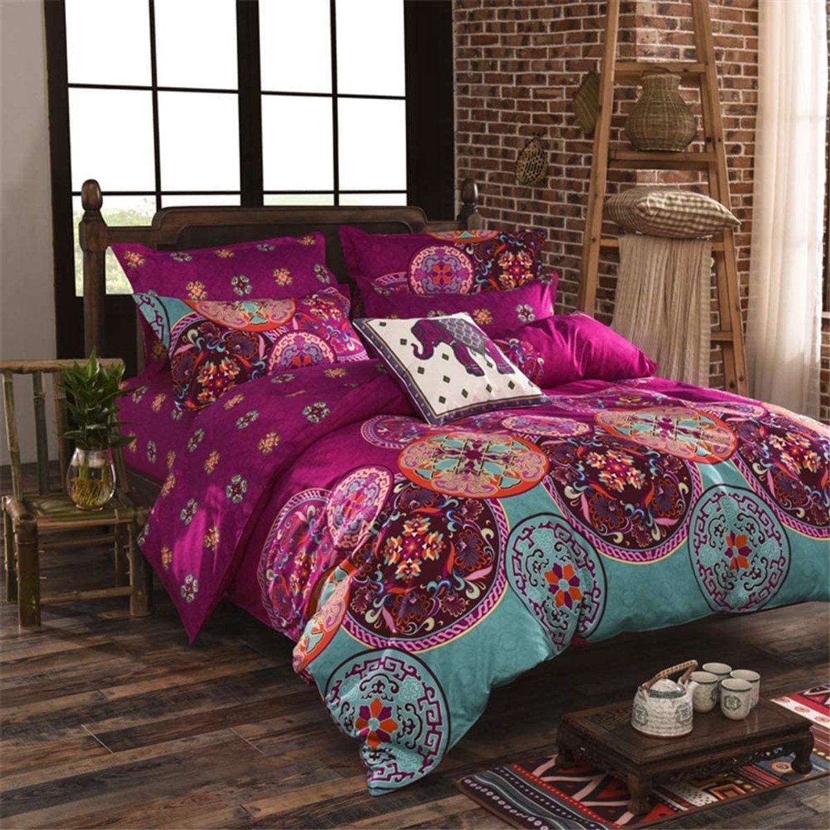 Ibenzoa Exotisch Bohemian Beddengoedset met Mandala Ontwerp in Microvezel, 4-delige Set met Kussenslopen en Dekbedovertrekken paars
