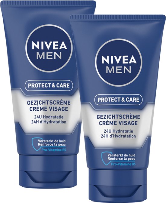 NIVEA MEN Protect & Care Hydraterende Gezichtscrème - Normale en droge huid - Met aloë vera en vitamine B5 - 2 x 75 ml