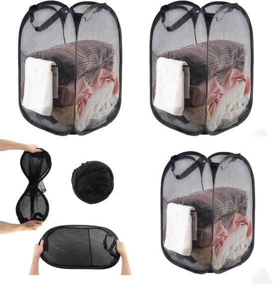 3 stuks opvouwbare wasmand, draagbare pop-up wasmand, wasverzamelaar net, 36 x 36 x 58 cm, geschikt voor badkamer, camping, kleur zwart