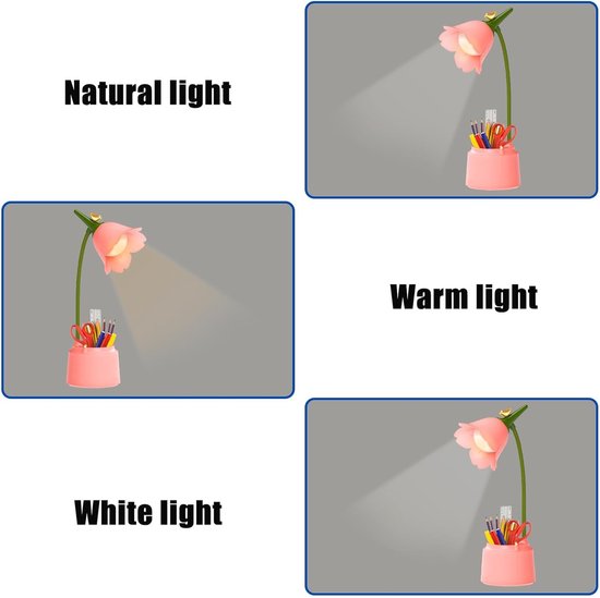 Penhouder Tafellamp LED Dimbaar met Touchbediening - USB Oplaadbare Bureau Lamp met Flexibele Hals - 3 Kleurtemperaturen - Roze Bloemen & Vogel Design - USB — afbeelding 4