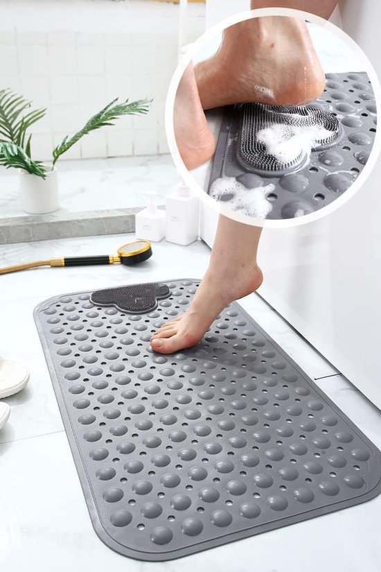 Tapis de douche antidérapant 80 x 50 cm avec ventouses - Tapis de douche confortable - Lavable en machine - Gris