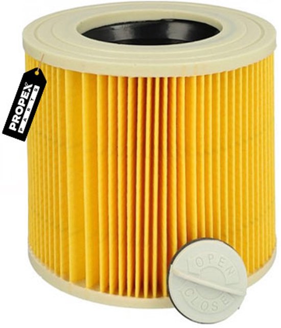 Cilindrisch patroonfilter met geplooide gele stof, met zwarte binnenkant en witte randen. Een label met 'PROPEX PARTS' hangt aan de zijkant.