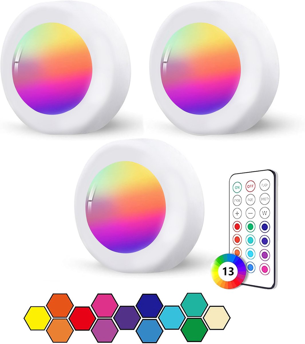 ibettertec - 3stuks LED kast wand nacht lamp - verlichting - 16 kleuren inclusief afstandbieding - nachtlampje - woonkamer slaapkamer - Trapverlichting draadloos - op batterijen