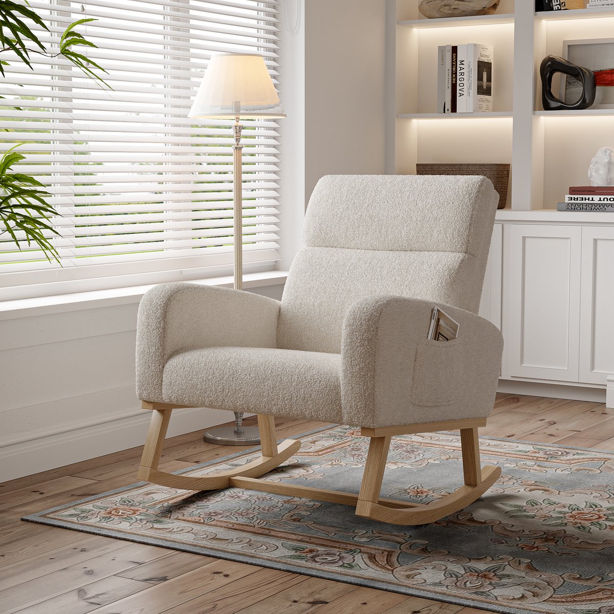 Teddy Velvet schommelstoel, vierkante rugleuning met armleuningen, kussen met hoge veerkracht, schommelstoel voor in de woonkamer, 69,2 x 78,2 x 87 cm, beige