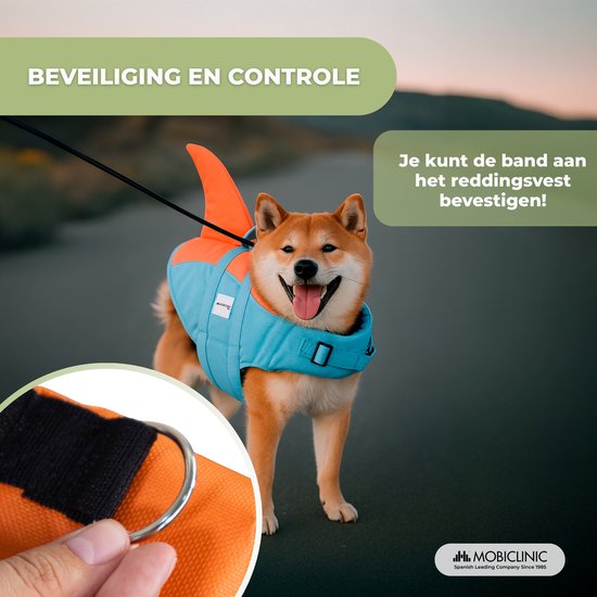 Mobiclinic Sharky - Zwemvesten voor honden - Hondenzwemvest - Verstelbaar harnas - Leiband - 48 x 35 x 67 cm - Tot 18 kg - Handvat - Lichtgewicht - Decoratieve fin - L