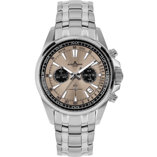 Zilverkleurig herenhorloge met bruin/gouden wijzerplaat, datumvenster en subdials. Stainless steel band.