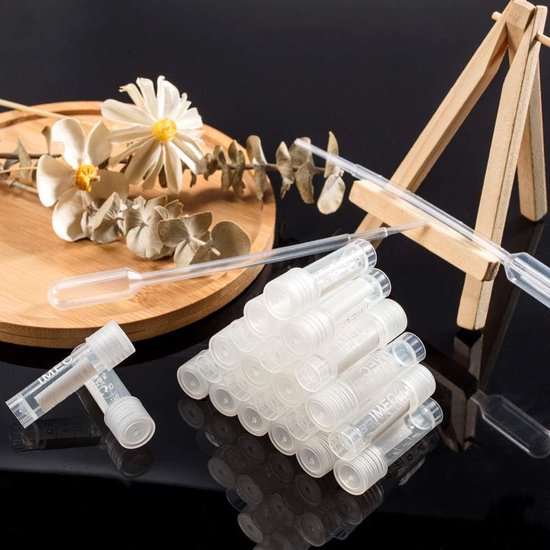 50 Pack Plastic Meetbuisjes voor Etherische Oliën - Miniflesjes met Druppels voor Chemie Lab, Parfums en Cosmetica - 1 ml — afbeelding 3