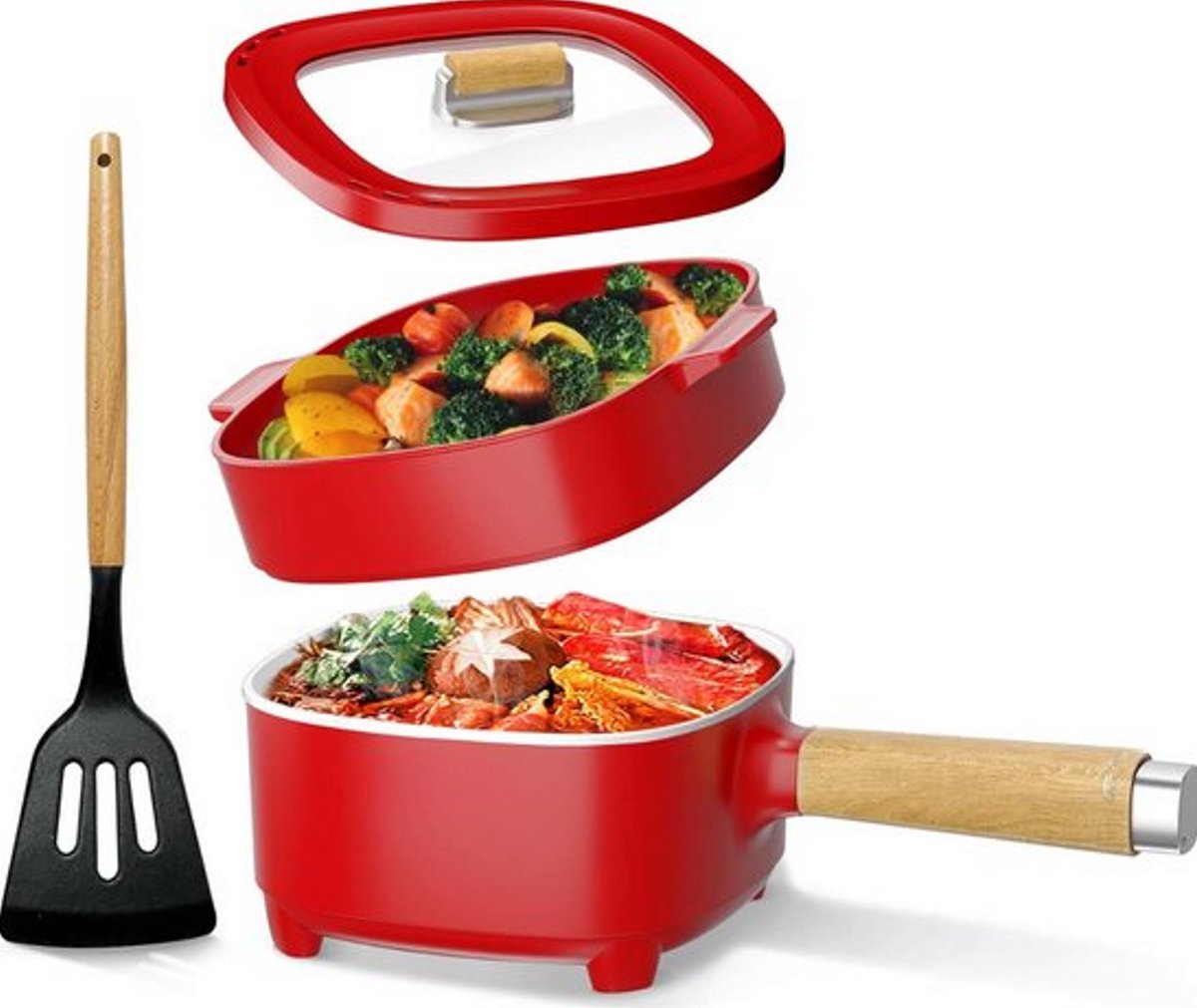 Coopi – Elektrische Hot Pot – Keramische Anti-aanbaklaag, Draagbare Multicooker (2L) met Stoomfunctie, Rood – 350W/800W voor Bakken, Koken & Braden