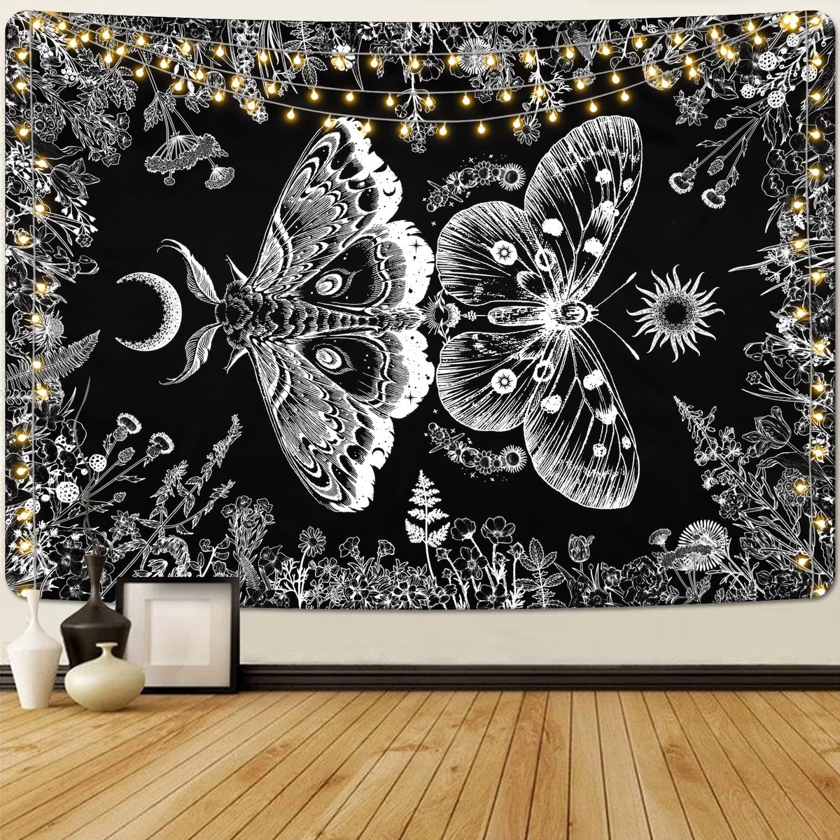 Unyqoos Zwart-wit Vlinder Zon en Maan Wandtapijt voor Slaapkamer en Woonkamer Decoratie 150x130 cm Zwart Wit