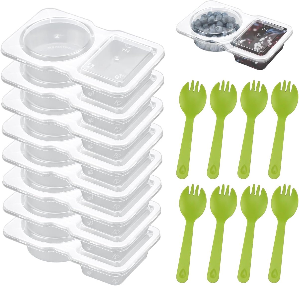 Image of 8 Stuks Dubbele Compartimenten Condimentcontainers en 8 Stuks Lepels - Herbruikbare Snackverpakkingscontainers met Deksel - Grab and Go Snackhouder voor Saus Proeven en Reizen