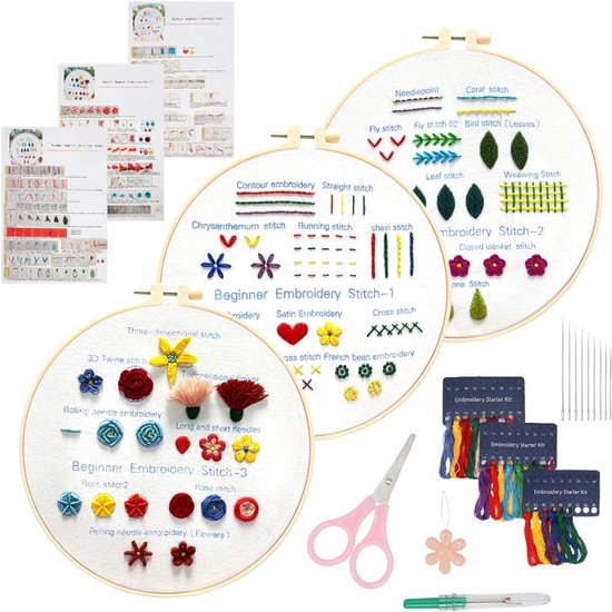 Kit Broderie Débutants 3 Motifs Floraux Avec Cadres - Point De Croix Pour Adultes Et Loisirs Créatifs