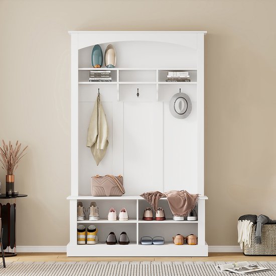 Pugsdrly Garderobeset met bank en opbergruimte voor schoenen, multifunctionele opbergbank met 3 hangende haken en open opbergruimte, rechthoekige opbergruimte en planken, garderobe voor de gang, wit, H190/L120/P40 cm