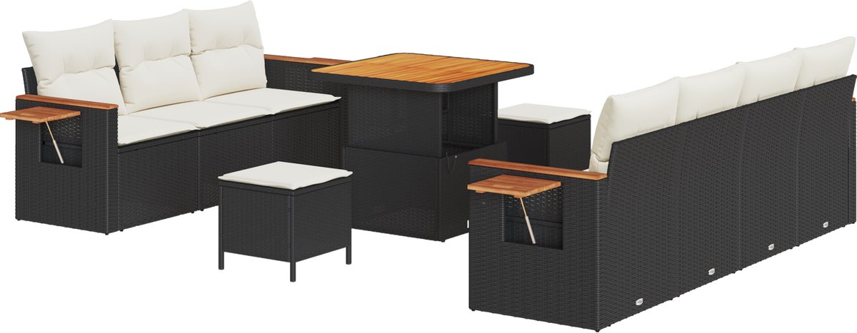 vidaXL - Tuinbank - Set - met - kussen - 10 - pcs - Zwart - en - Crème
