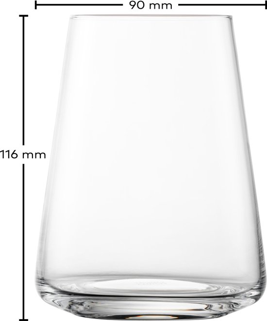 Een leeg kristallen longdrinkglas, 90 mm breed en 116 mm hoog.