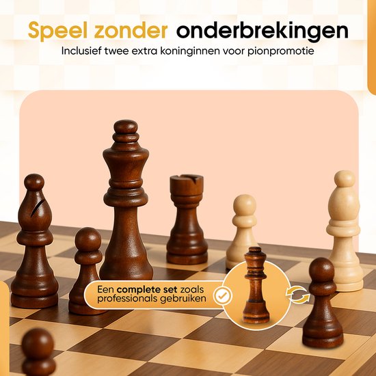 ACO Schaakspel met schaakboek, 38 x 38 cm, schaakbord en dame van walnoothout, inklapbaar en magnetisch, met reistas, voor 2 spelers