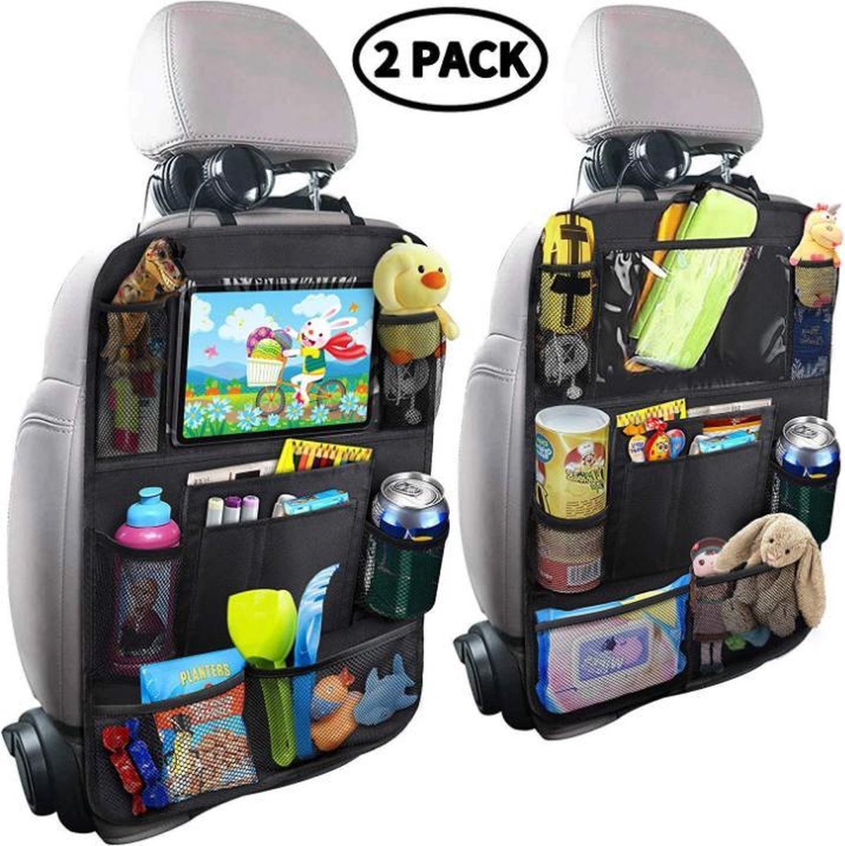 Luxe auto organizer met tablethouder- Autostoel organiser voor kinderen met 10 vakken - 2 stuk