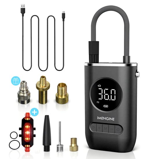 Pompe à vélo électrique - Compresseur d'air portable jusqu'à 10,3 bars - Pour vélo, voiture, scooter et Balles - Y compris feu arrière de vélo gratuit - Imengine