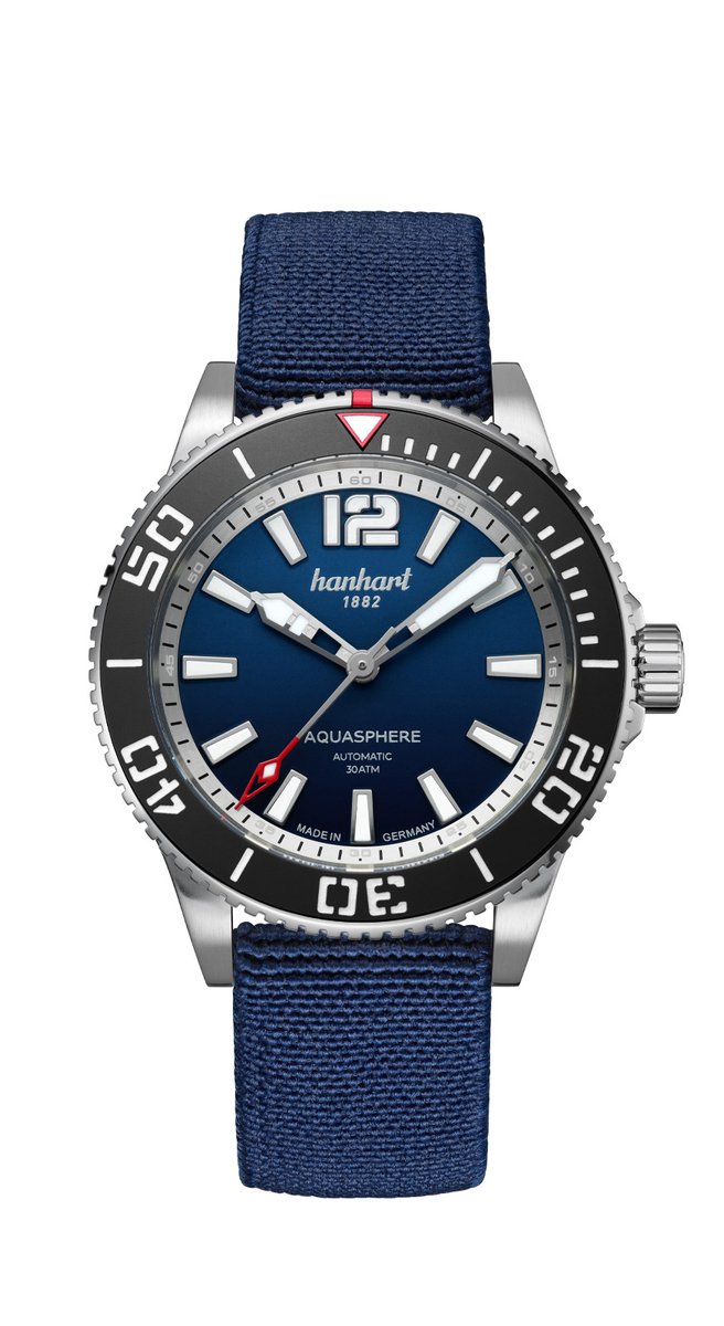 Hanhart Aquasphere Ocean Fade - Horloge - zwarte rand lunette - blauwe hook strap band - 42 mm
